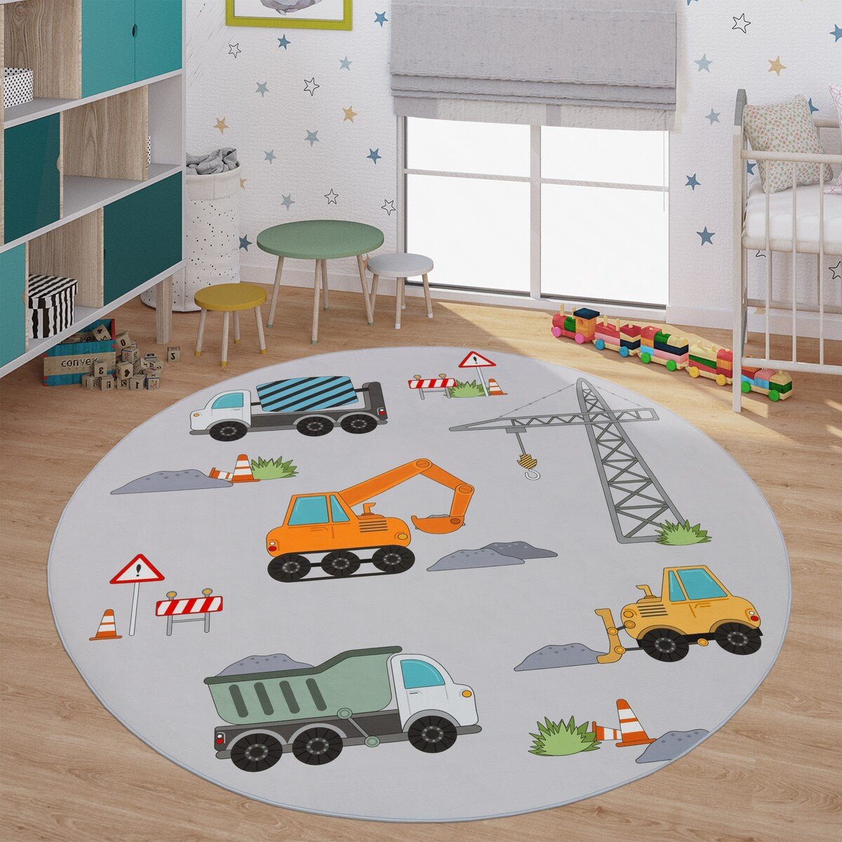 Kids Rug for Nursery Construction Site Play Mat Cranes Trucks in Grey