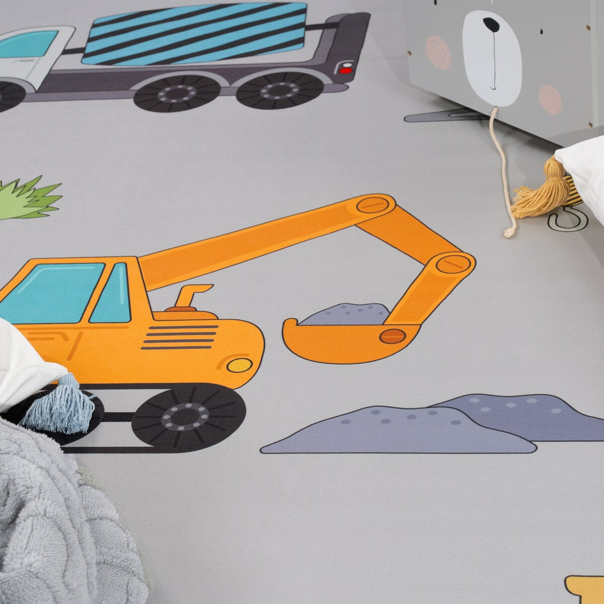 Kids Rug for Nursery Construction Site Play Mat Cranes Trucks in Grey