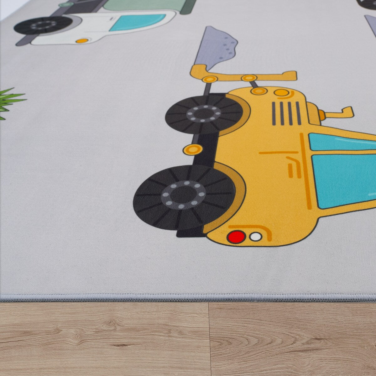 Kids Rug for Nursery Construction Site Play Mat Cranes Trucks in Grey