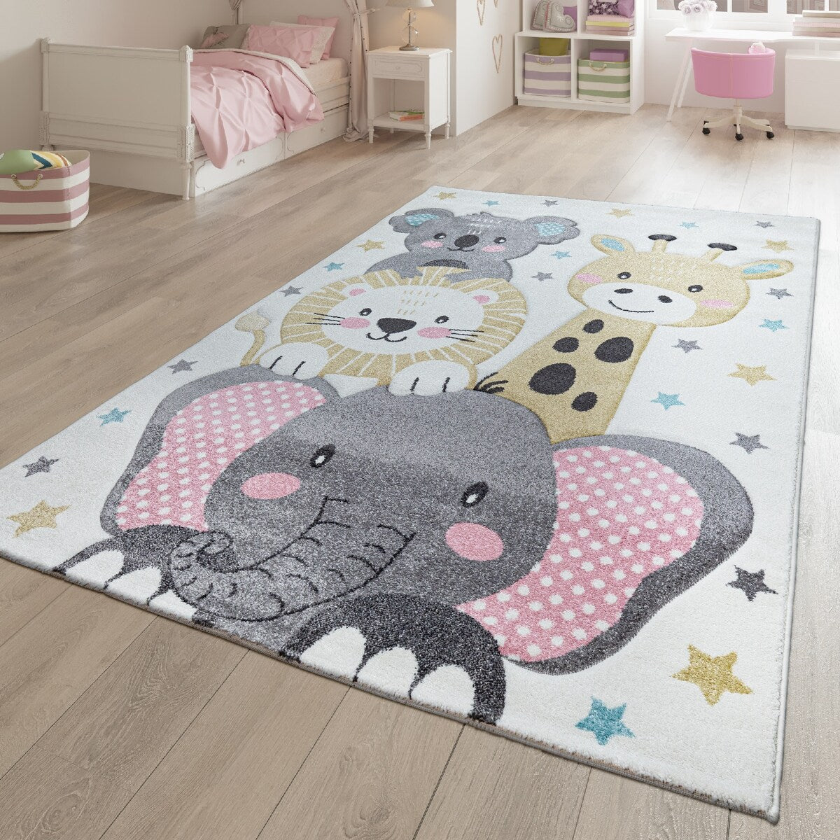 Kids Rug for Nursery Cute Animals in Cream Pastel Colors