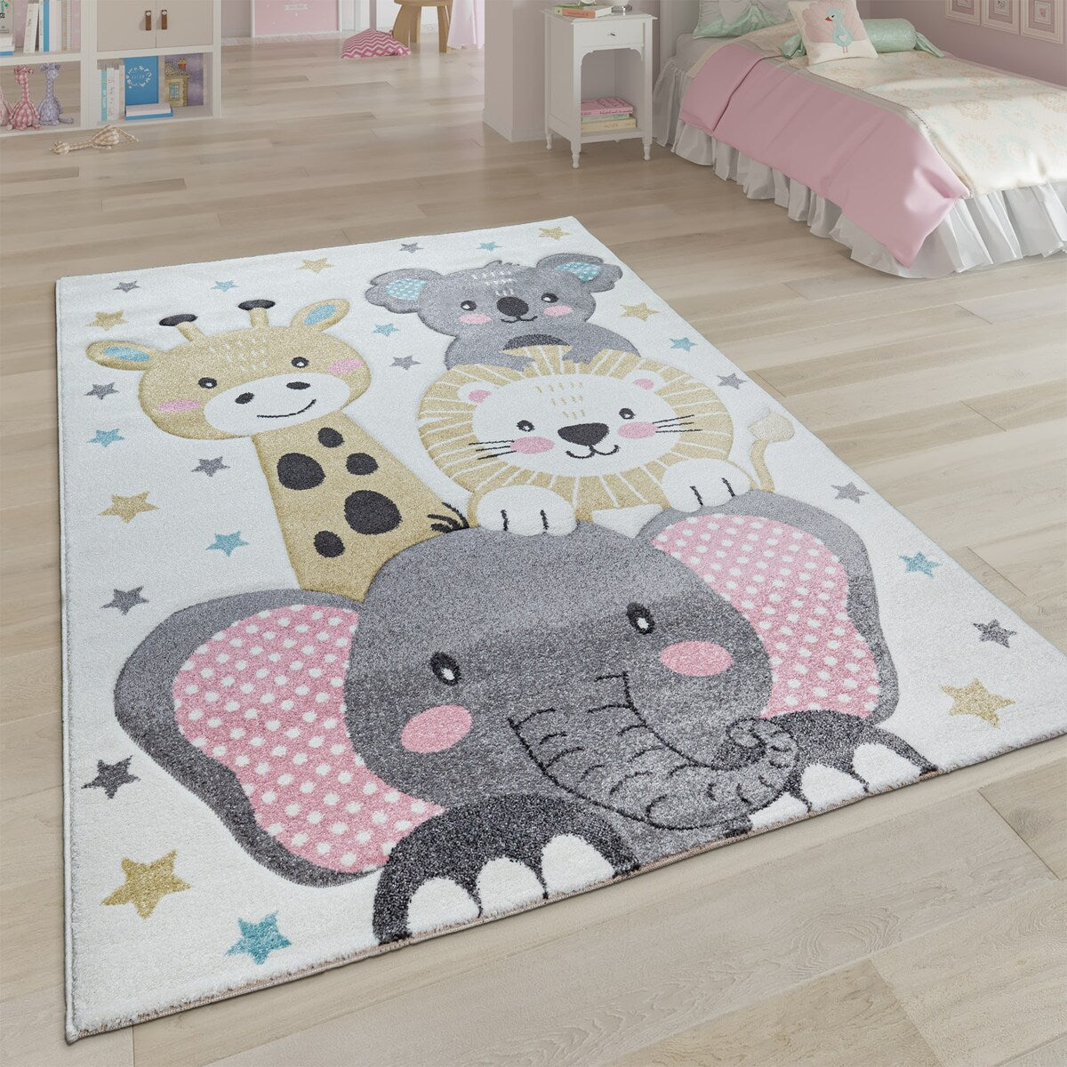 Kids Rug for Nursery Cute Animals in Cream Pastel Colors