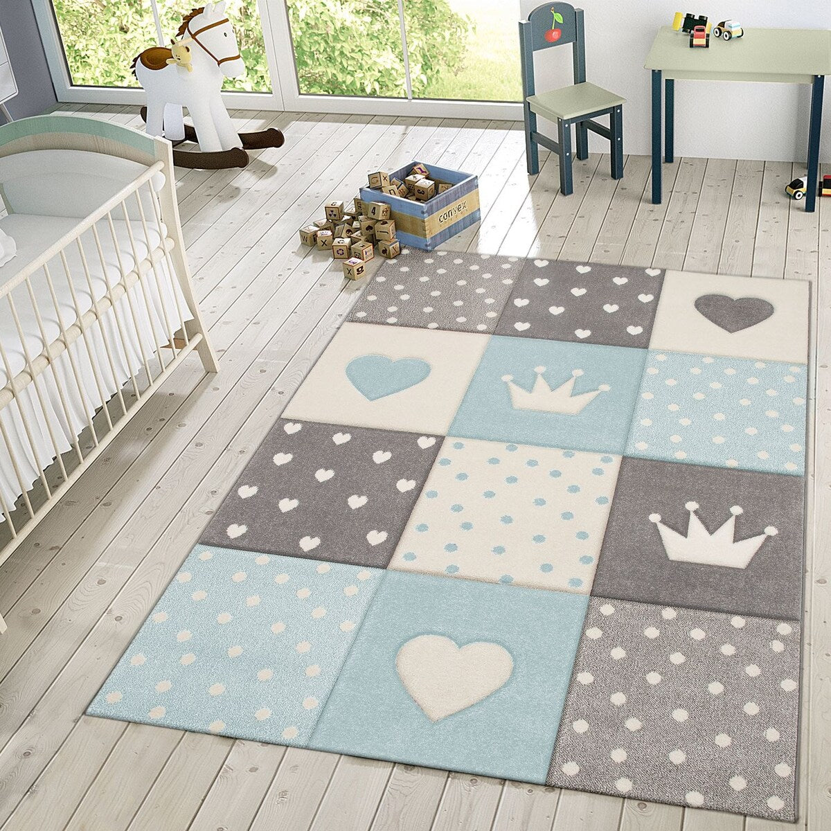 Kids Rug for Nursery with Dots Hearts And Stars In Pastel Colors
