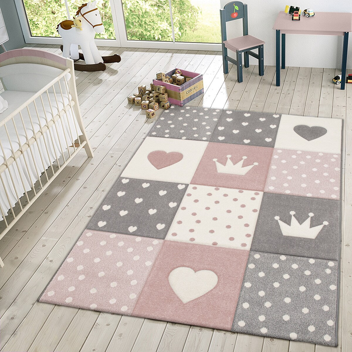 Kids Rug for Nursery with Dots Hearts And Stars In Pastel Colors