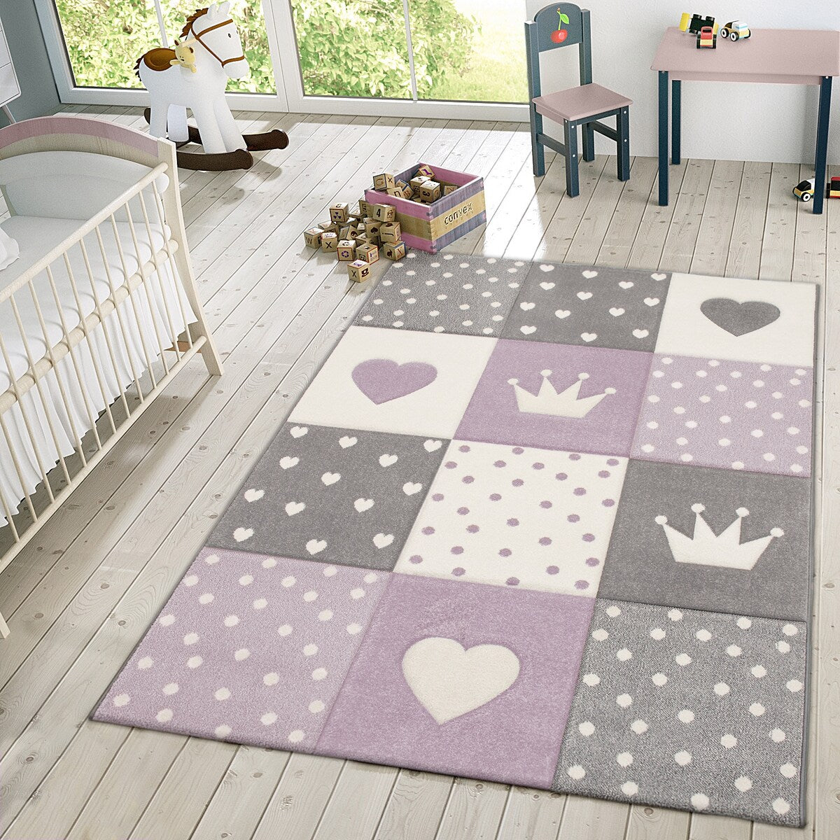 Kids Rug for Nursery with Dots Hearts And Stars In Pastel Colors