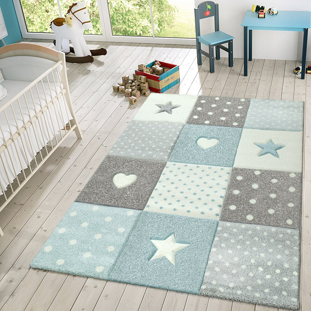 Kids Rug for Nursery with Dots Hearts And Stars In Pastel Colors