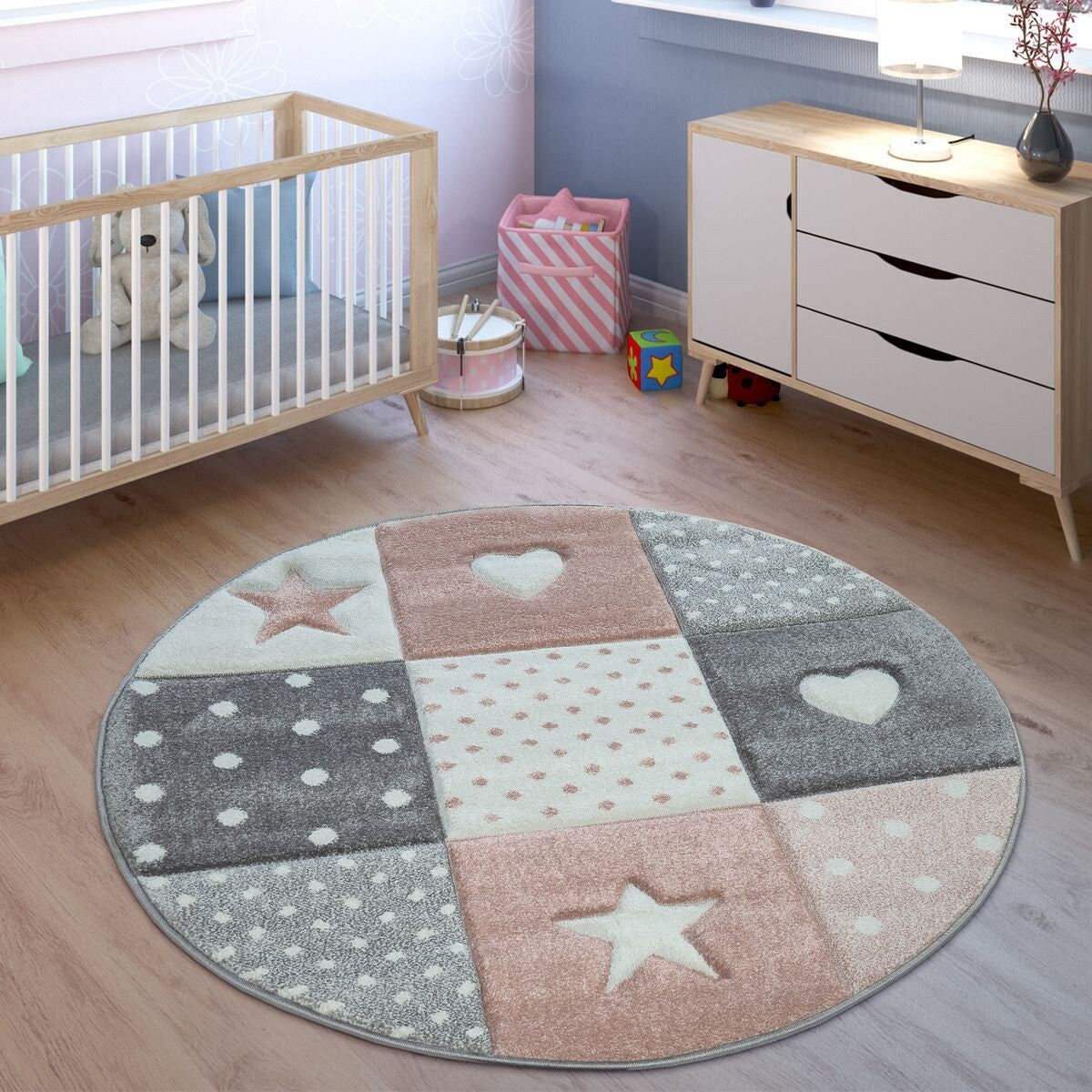 Kids Rug for Nursery with Dots Hearts And Stars In Pastel Colors