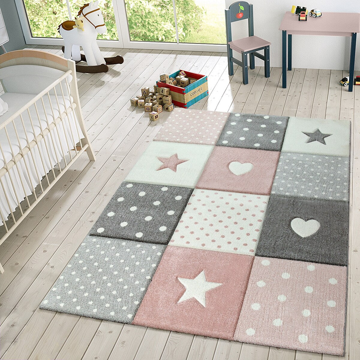 Kids Rug for Nursery with Dots Hearts And Stars In Pastel Colors