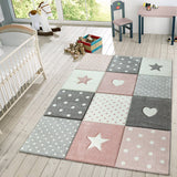 Kids Rug for Nursery with Dots Hearts And Stars In Pastel Colors
