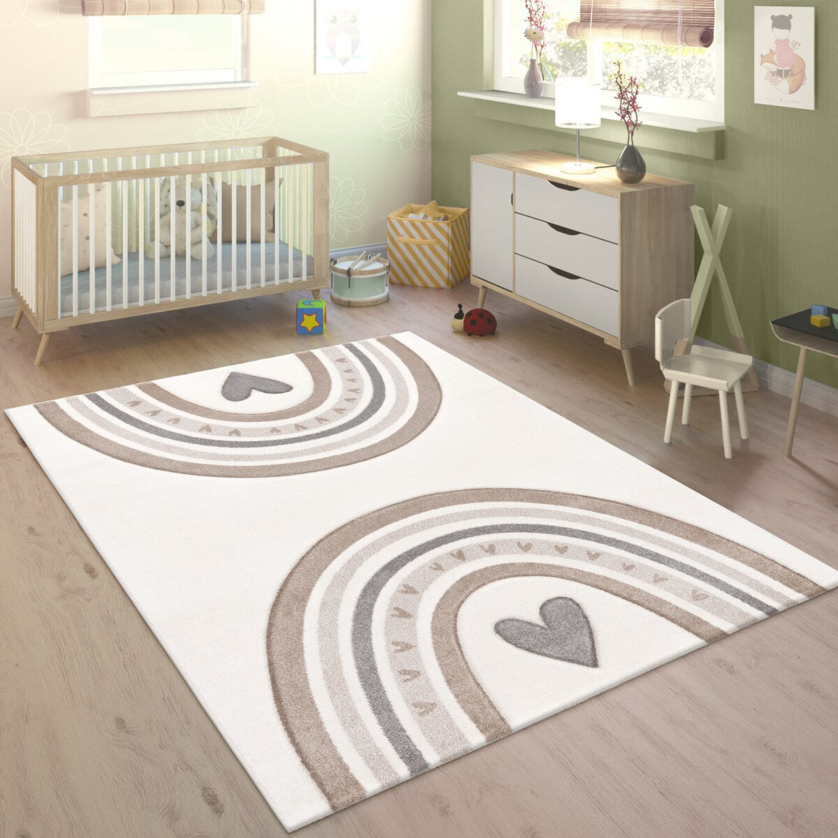 Kids Rug for Nursery with Rainbows & Hearts in Cream Pastel