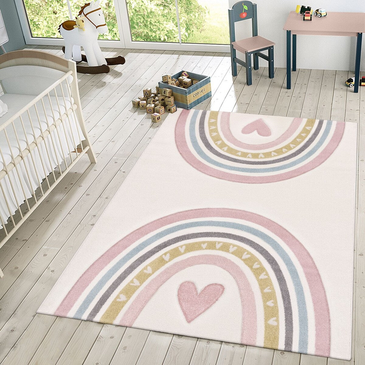 Kids Rug for Nursery with Rainbows & Hearts in Cream Pastel