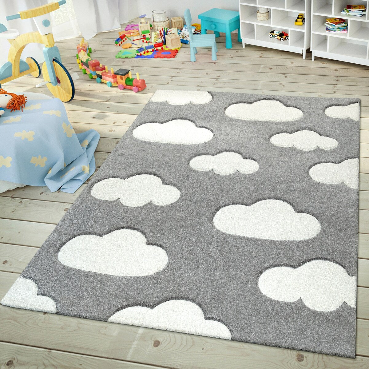Kids Rug with Clouds in Pastel Colors for Children's Room or Nursery