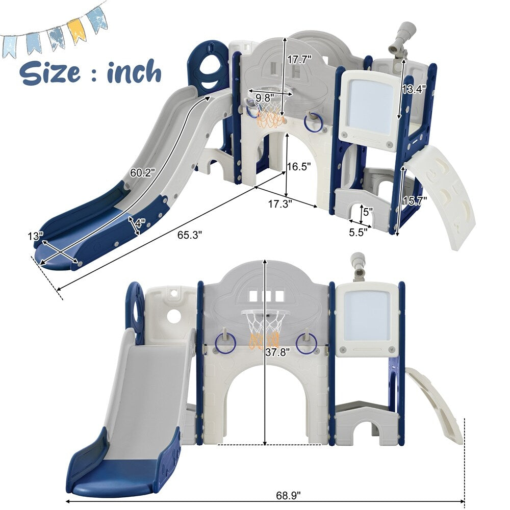 Kids Slide 9 in 1 with Ring Toss, Drawing Whiteboardl, Basketball Hoop