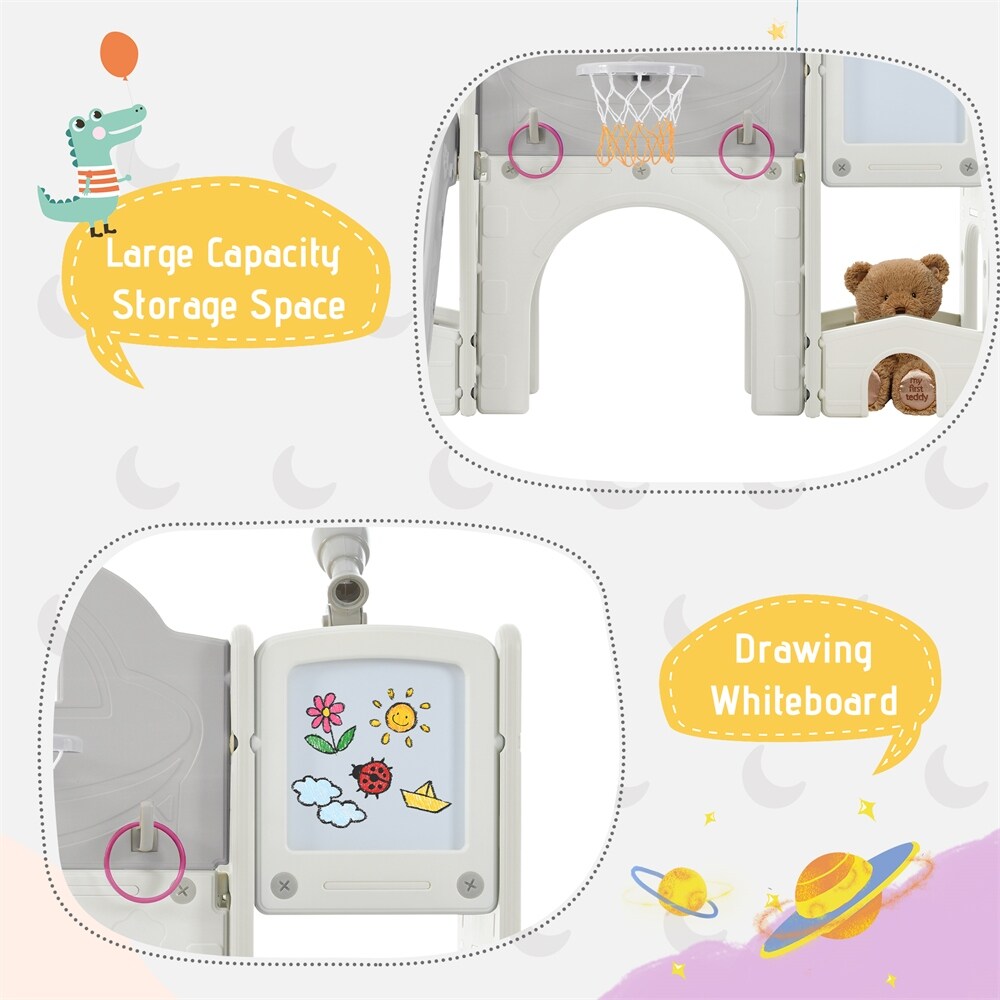 Kids Slide 9 in 1 with Ring Toss, Drawing Whiteboardl, Basketball Hoop