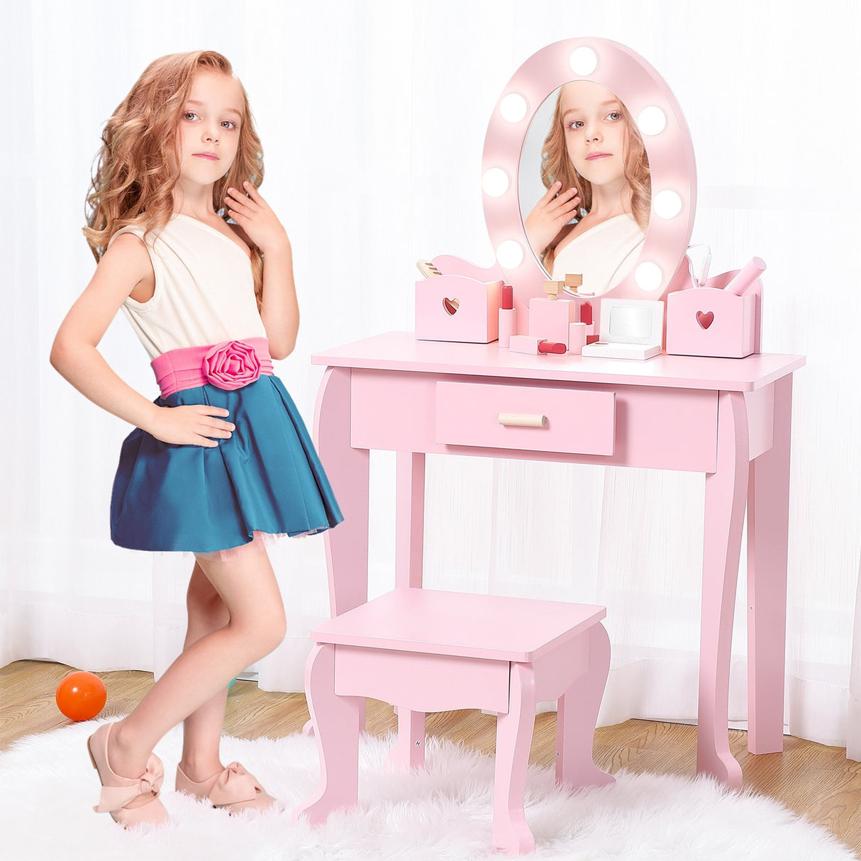 Kids Vanity Set with Mirror and Drawer for Ages 4-9