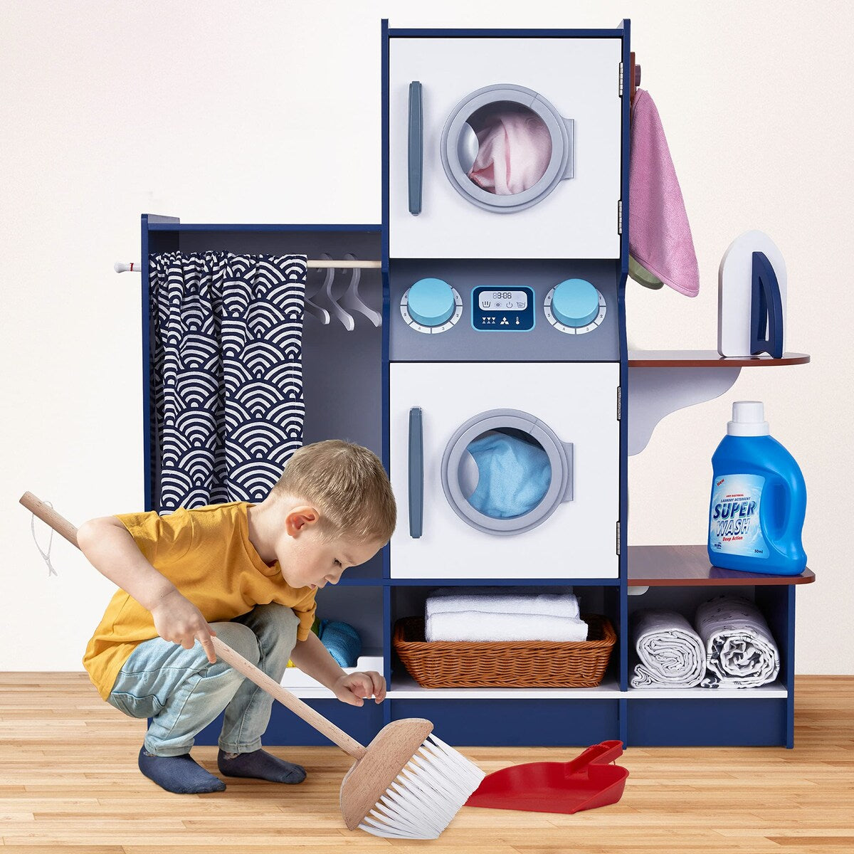 Kids Washer and Dryer Playset, Wooden Pretend Kids Laundry Playset