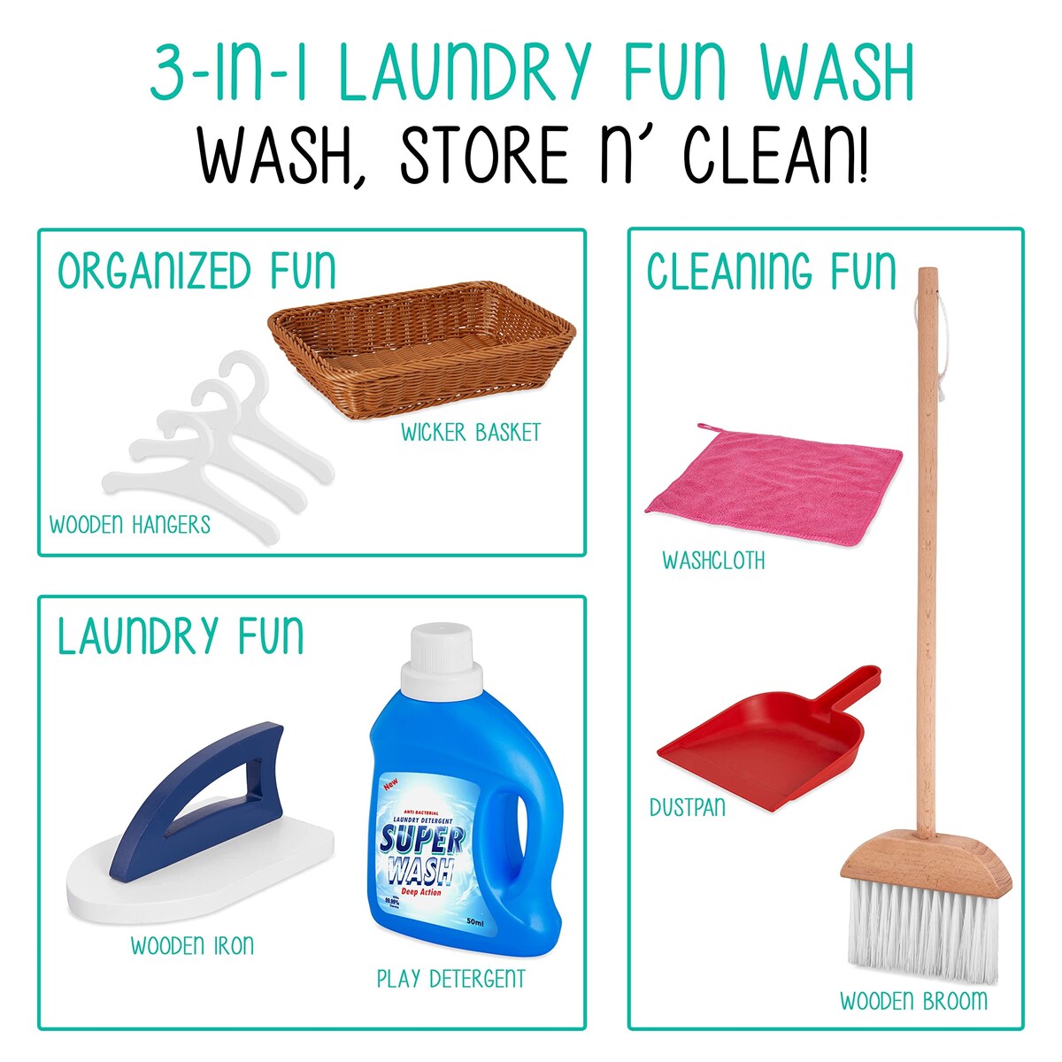 Kids Washer and Dryer Playset, Wooden Pretend Kids Laundry Playset