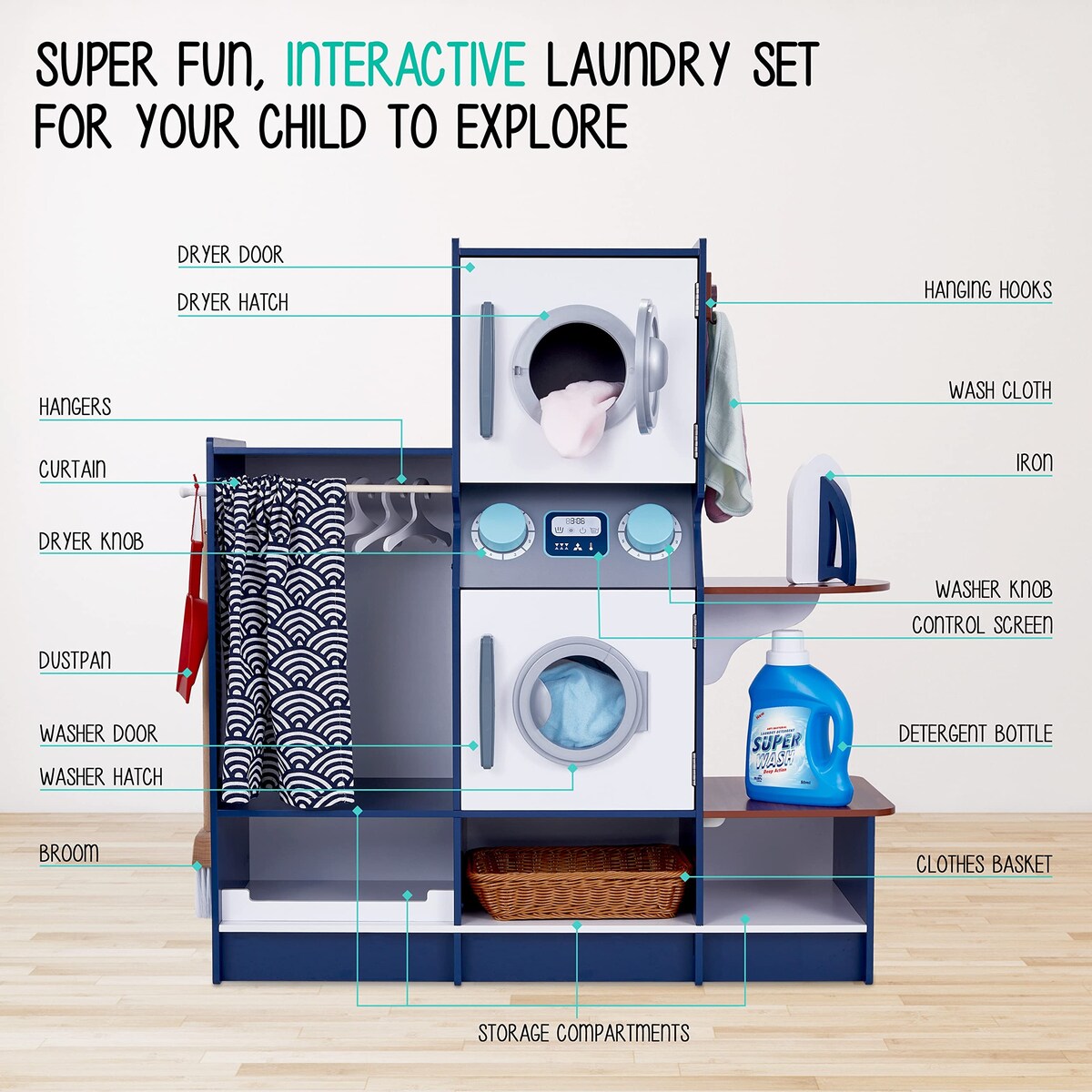 Kids Washer and Dryer Playset, Wooden Pretend Kids Laundry Playset
