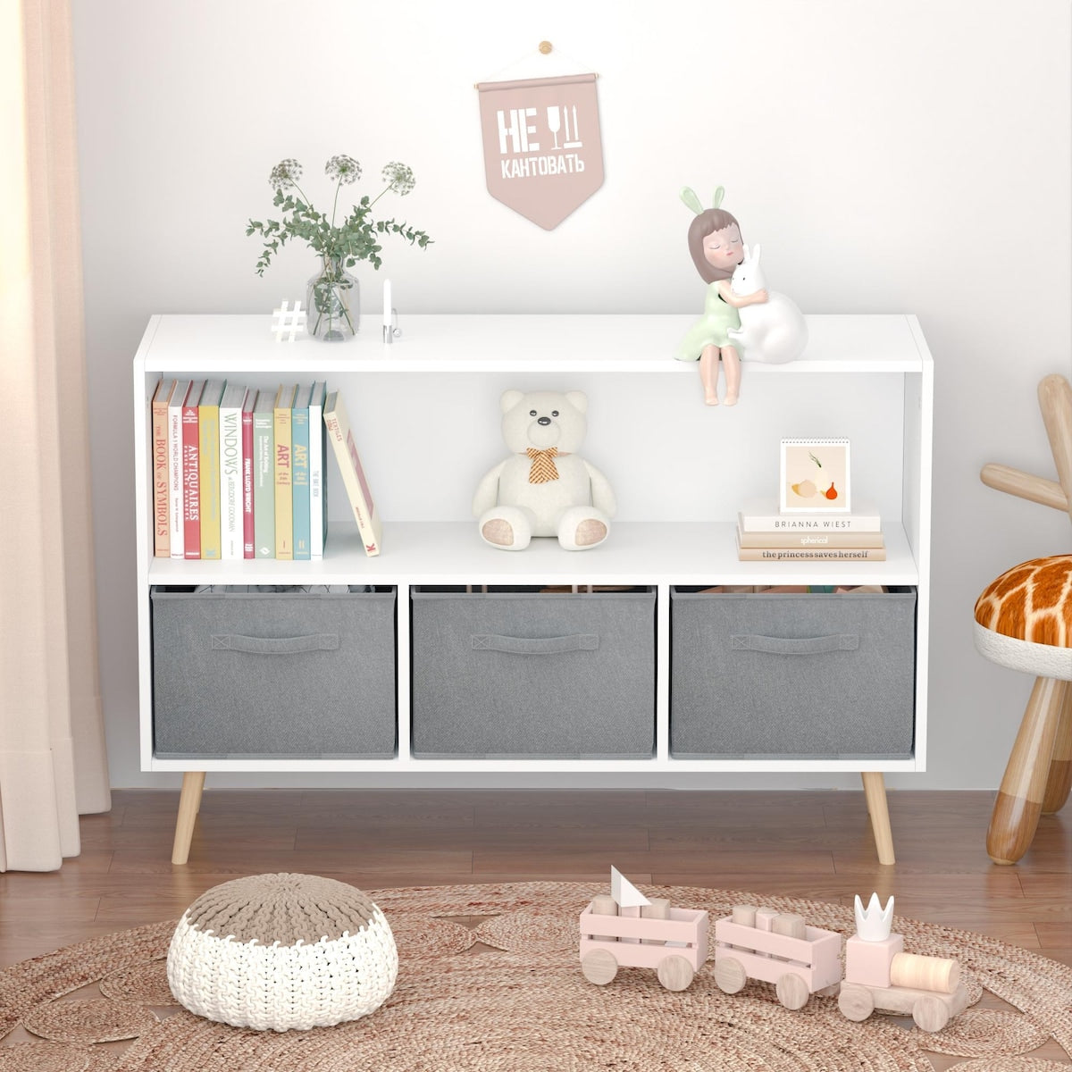 Kids bookcase with Collapsible Fabric Drawers, Children's Book Display, Toy Storage Cabinet Organizer