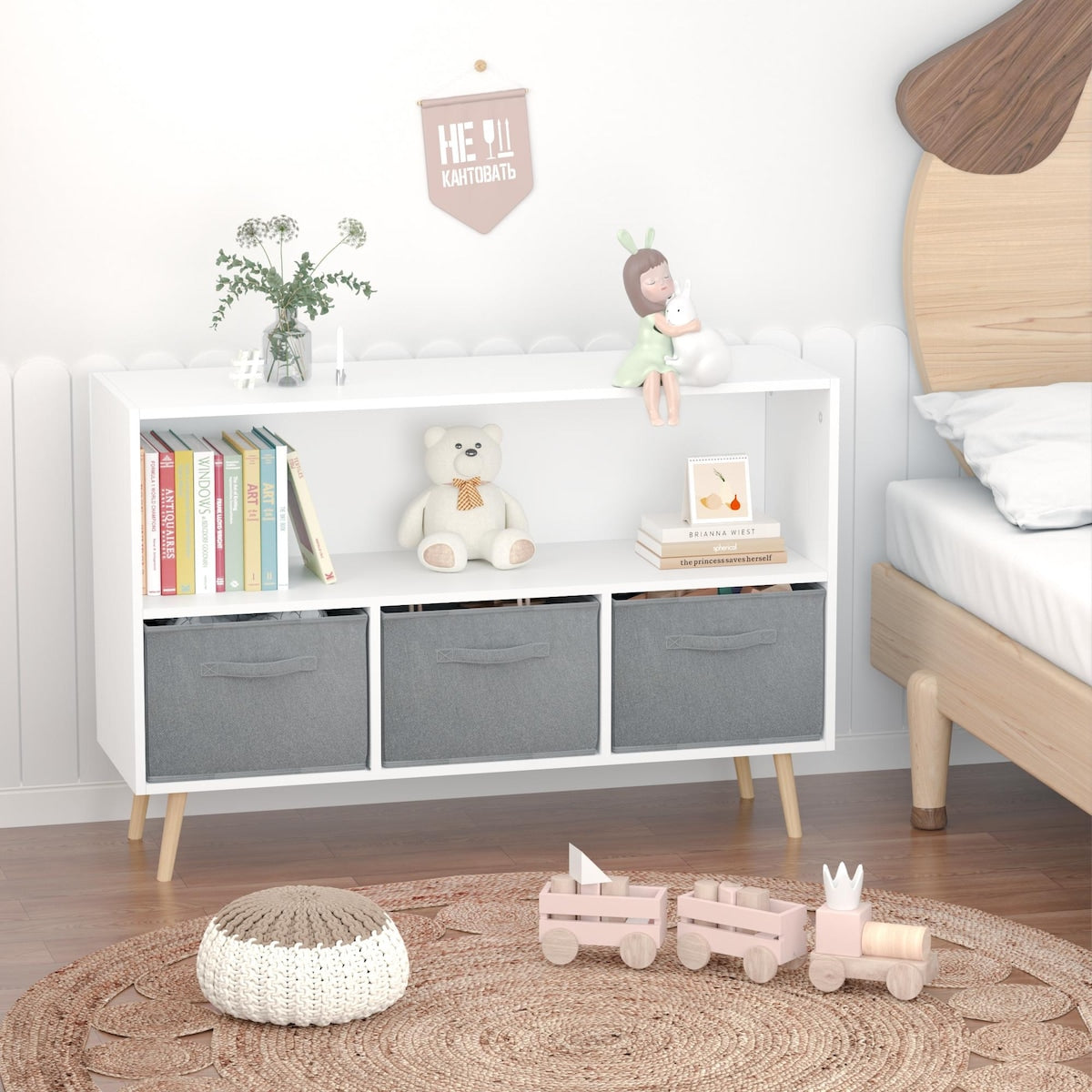 Kids bookcase with Collapsible Fabric Drawers, Children's Book Display, Toy Storage Cabinet Organizer