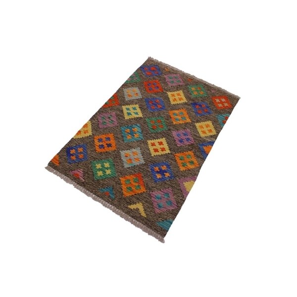 Kilim Alonzo Brown/Blue Hand-Woven Wool Rug- 2'7 x 3'11 - 2'7" x 3'11"
