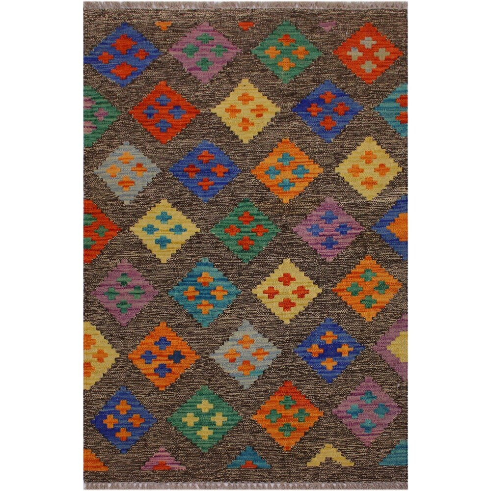 Kilim Alonzo Brown/Blue Hand-Woven Wool Rug- 2'7 x 3'11 - 2'7" x 3'11"