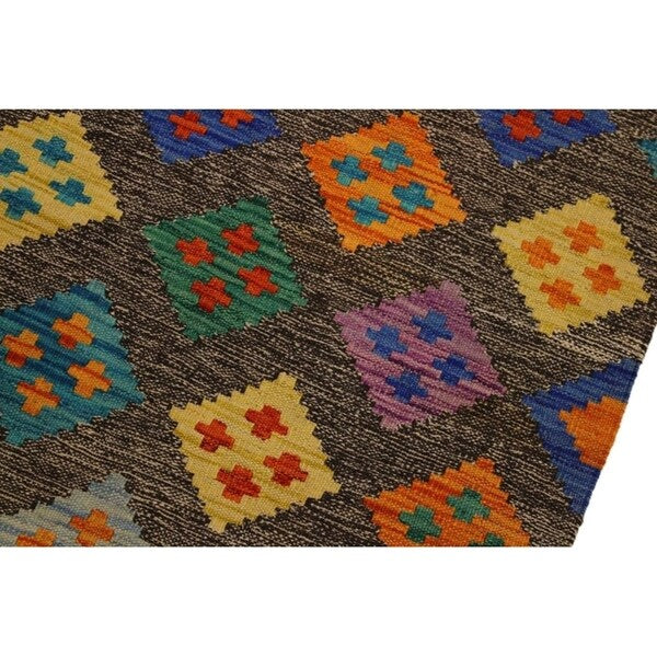 Kilim Alonzo Brown/Blue Hand-Woven Wool Rug- 2'7 x 3'11 - 2'7" x 3'11"
