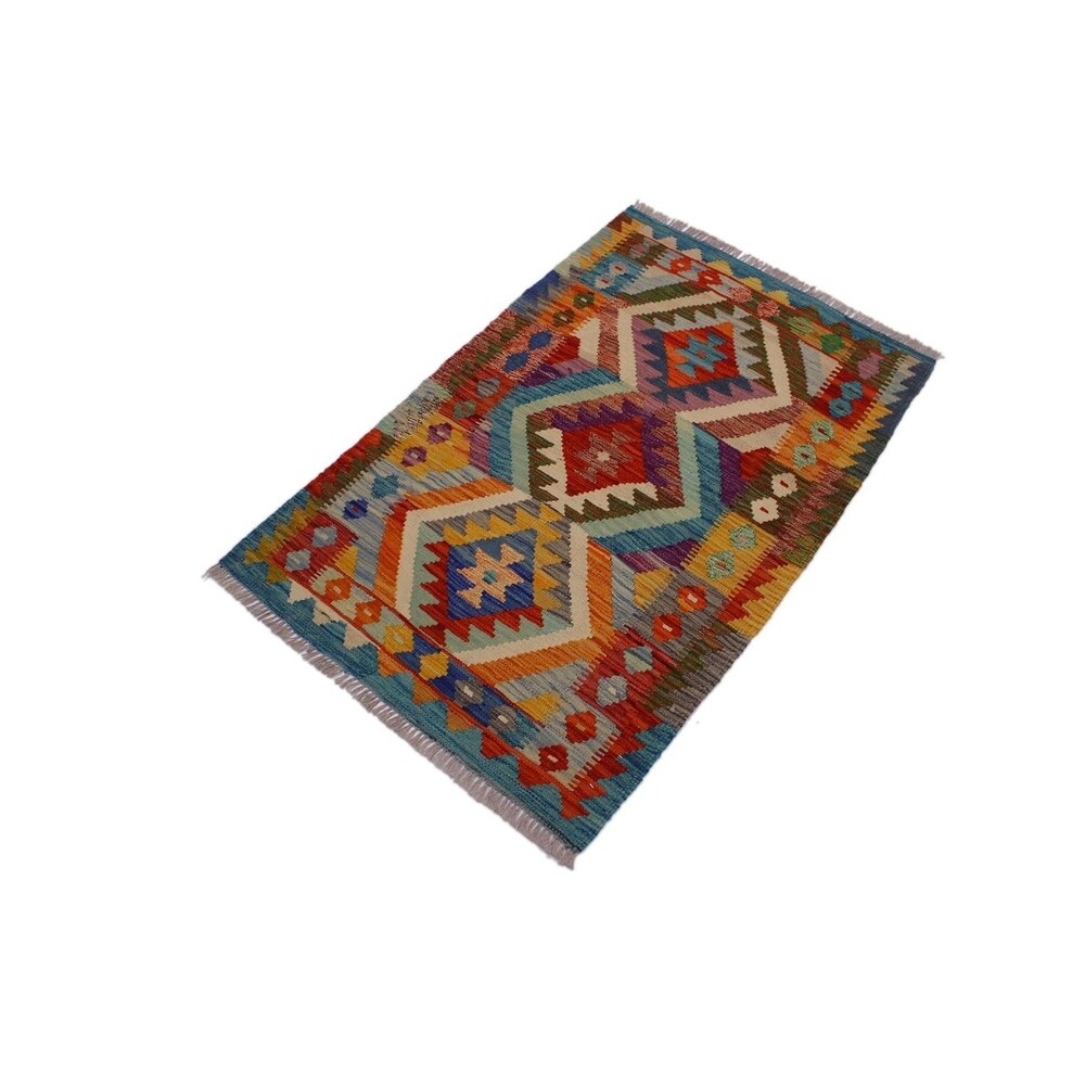 Kilim Angele Teal/Rust Hand-Woven Wool Rug -2'7 x 4'0 - 2 ft. 7 in. X 4 ft. 0 in.