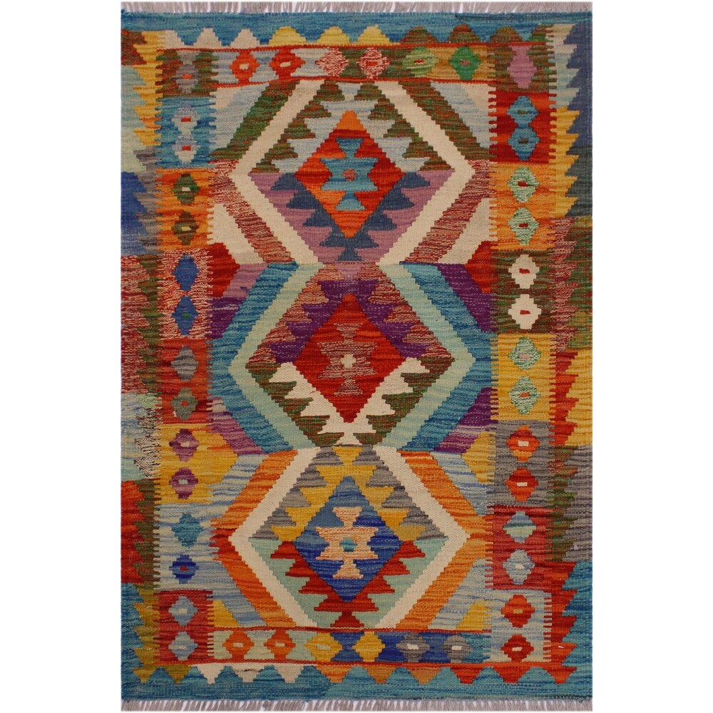 Kilim Angele Teal/Rust Hand-Woven Wool Rug -2'7 x 4'0 - 2 ft. 7 in. X 4 ft. 0 in.
