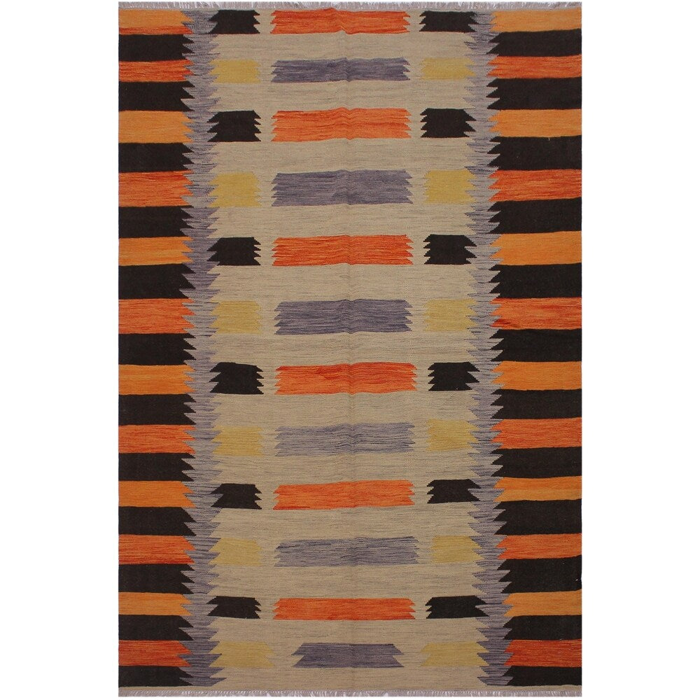Kilim Angie Gray/Orange Hand-Woven Wool Rug -6'5 x 9'9 - 6 ft. 5 in. X 9 ft. 9 in.