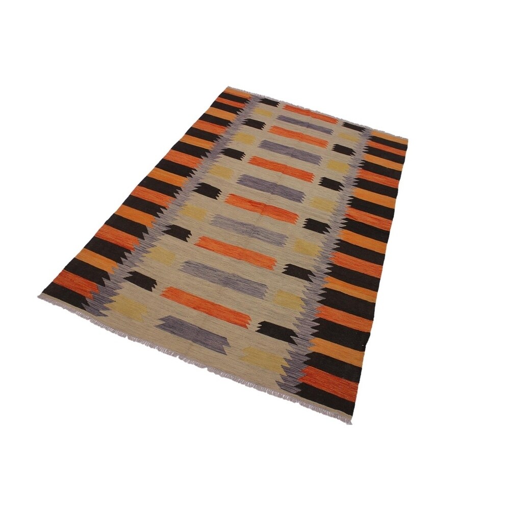 Kilim Angie Gray/Orange Hand-Woven Wool Rug -6'5 x 9'9 - 6 ft. 5 in. X 9 ft. 9 in.