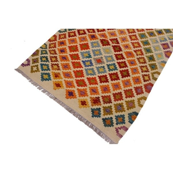 Kilim Annika Ivory/Orange Hand-Woven Wool Rug- 3'5 x 5'2 - 3'5" x 5'2"