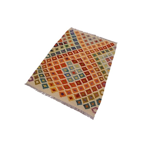 Kilim Annika Ivory/Orange Hand-Woven Wool Rug- 3'5 x 5'2 - 3'5" x 5'2"