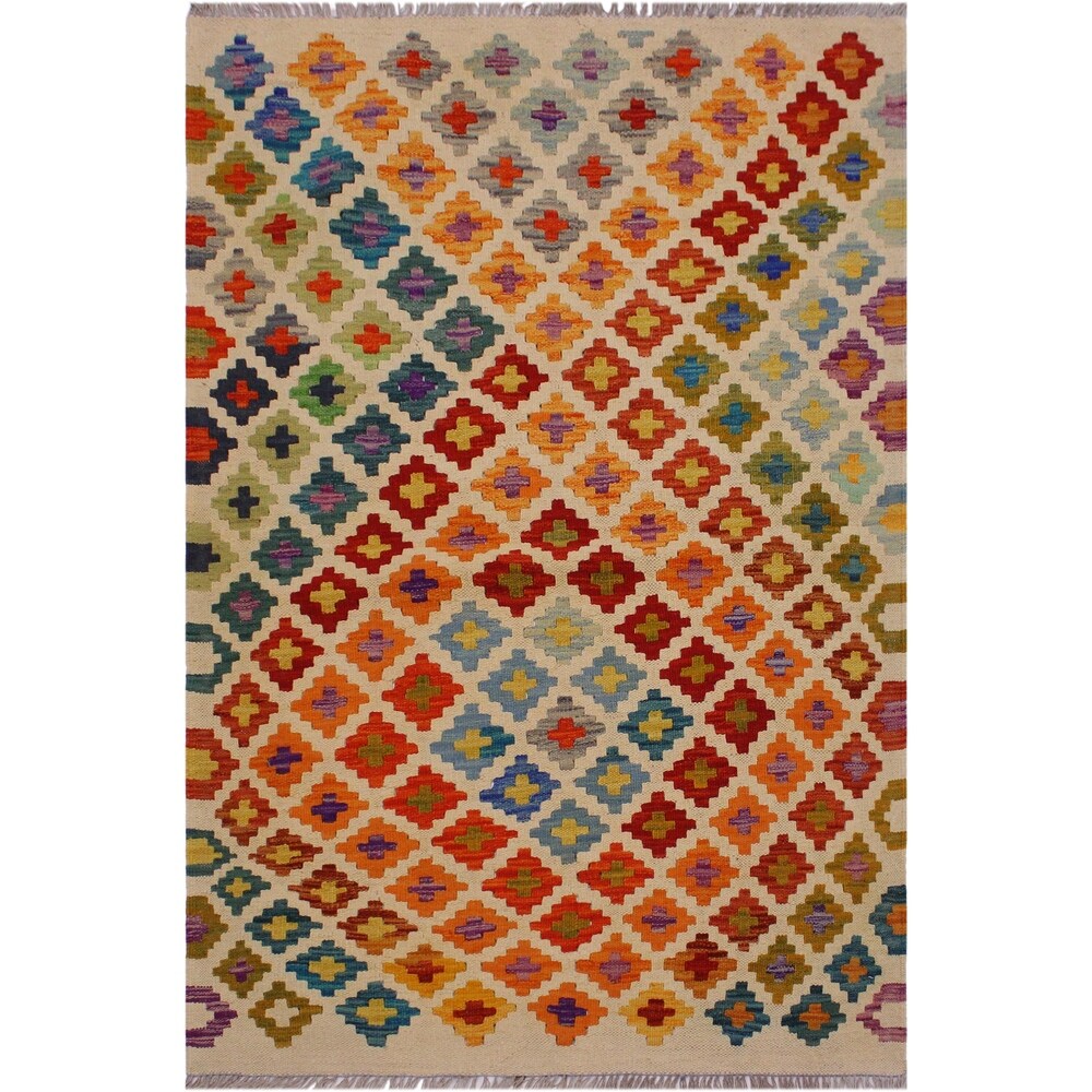 Kilim Annika Ivory/Orange Hand-Woven Wool Rug- 3'5 x 5'2 - 3'5" x 5'2"