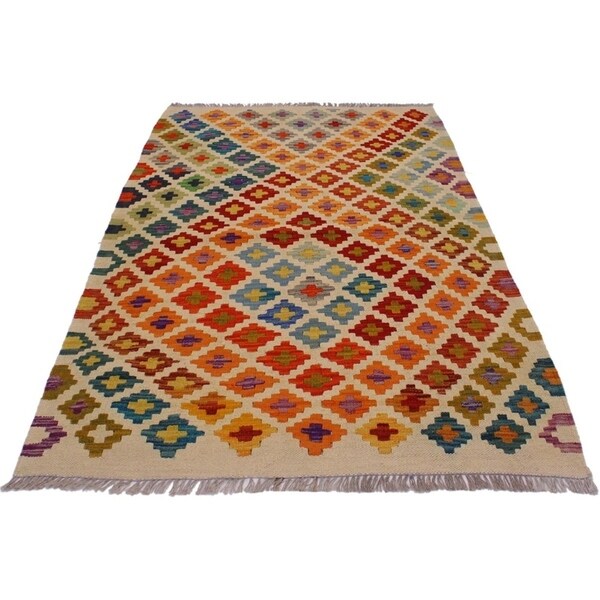 Kilim Annika Ivory/Orange Hand-Woven Wool Rug- 3'5 x 5'2 - 3'5" x 5'2"