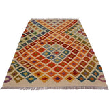 Kilim Annika Ivory/Orange Hand-Woven Wool Rug- 3'5 x 5'2 - 3'5" x 5'2"
