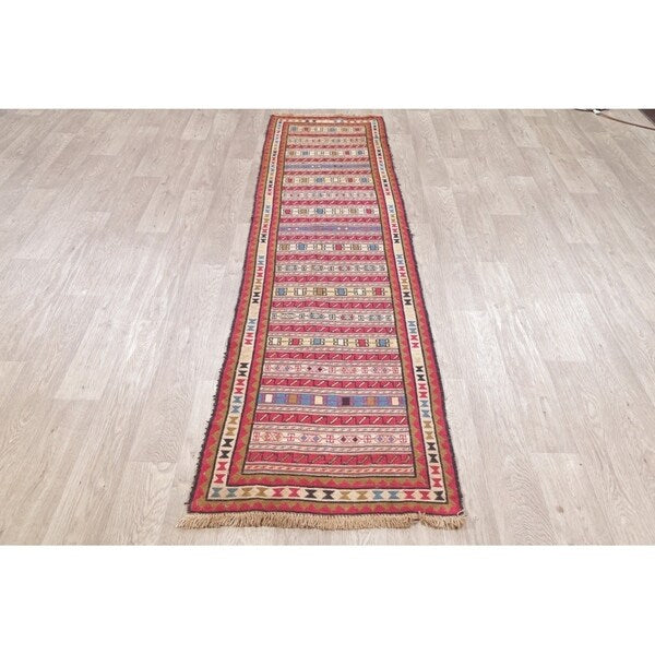 Kilim Geometric Hand Woven Wool Persian Rug - 9'0" x 2'4" Runner
