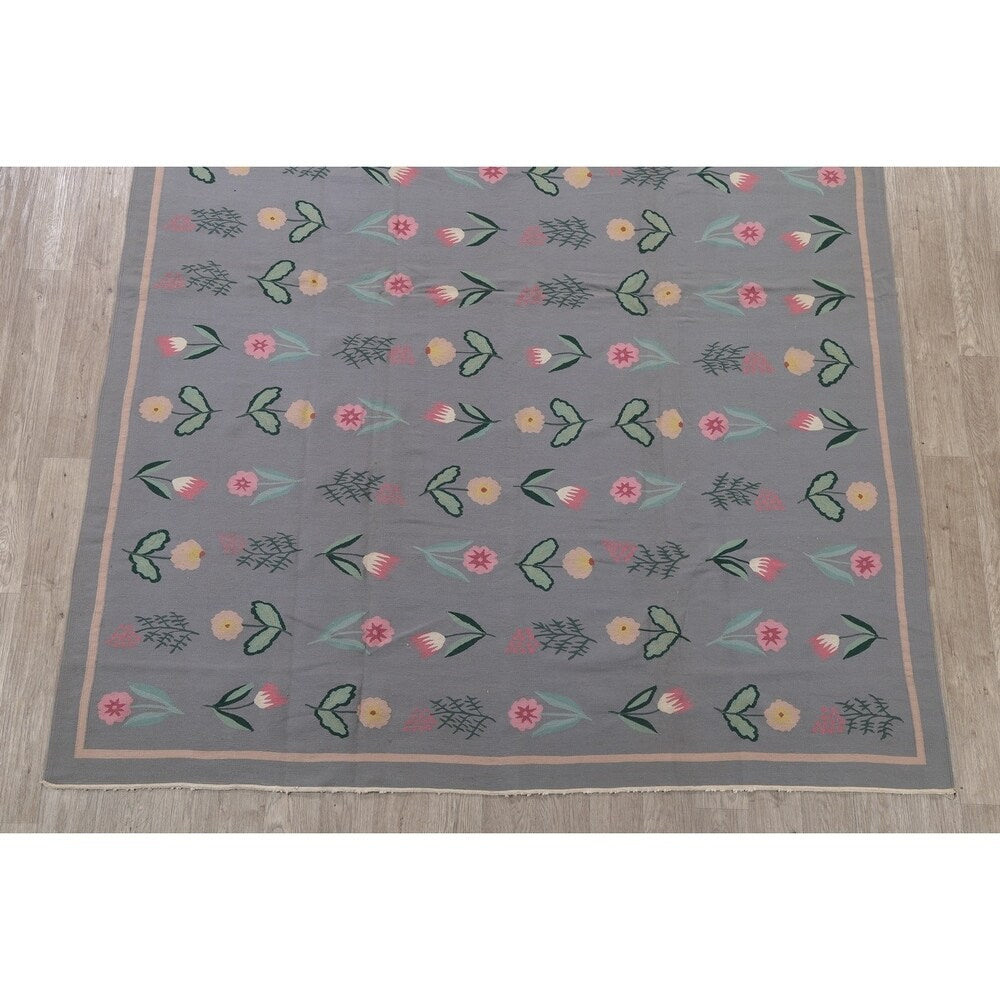 Kilim India Transitional Floral Hand Woven Wool Oriental Area Rug - 9'11" x 7'11"