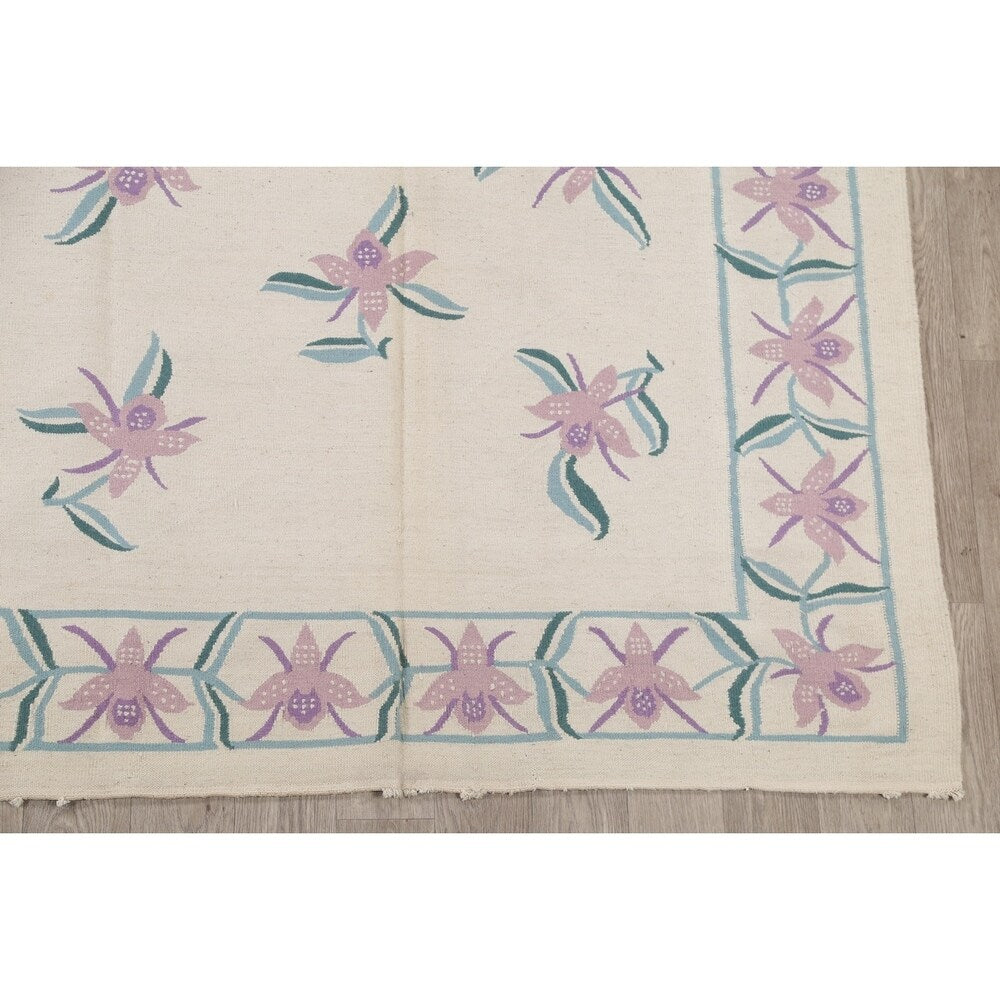 Kilim Indian Floral Hand Woven Wool Oriental Area Rug - 10'2" x 8'3"