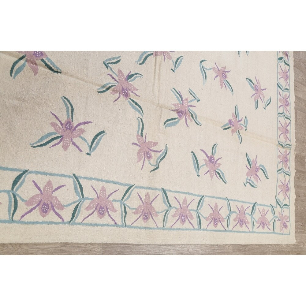 Kilim Indian Floral Hand Woven Wool Oriental Area Rug - 10'2" x 8'3"