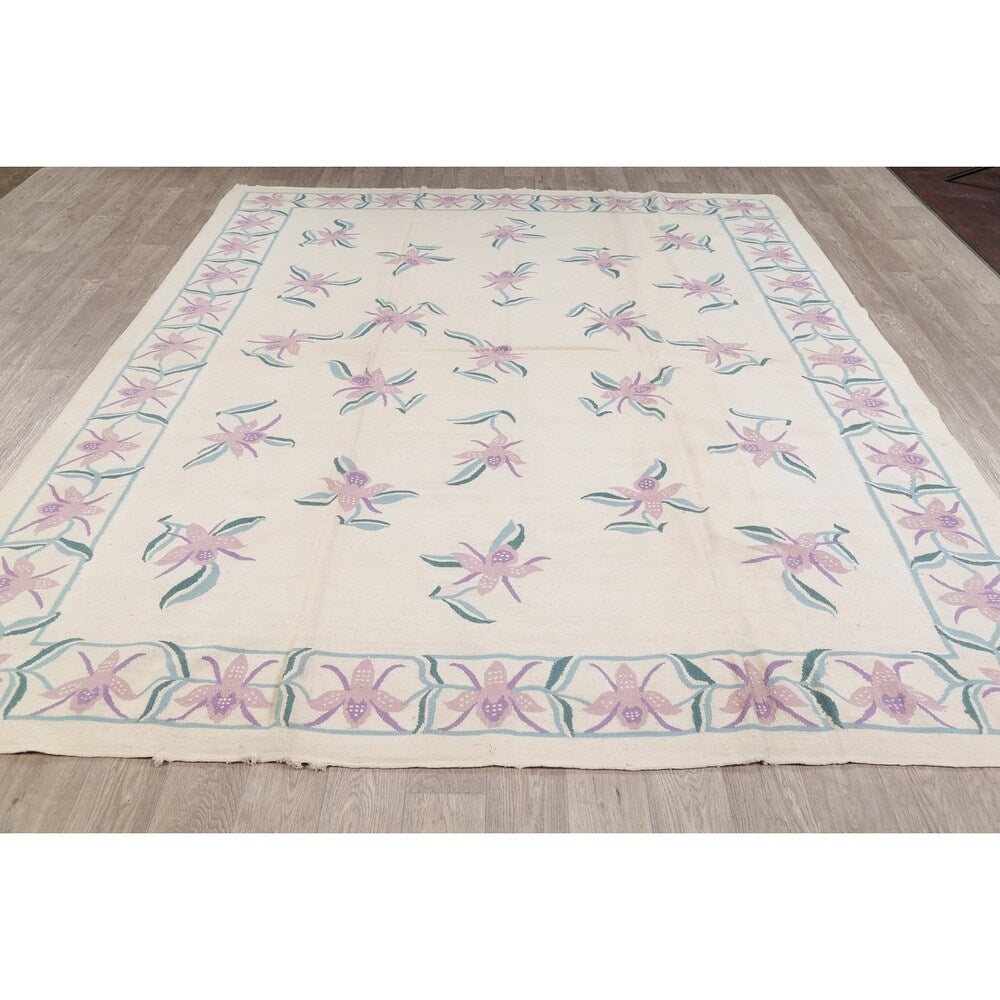 Kilim Indian Floral Hand Woven Wool Oriental Area Rug - 10'2" x 8'3"