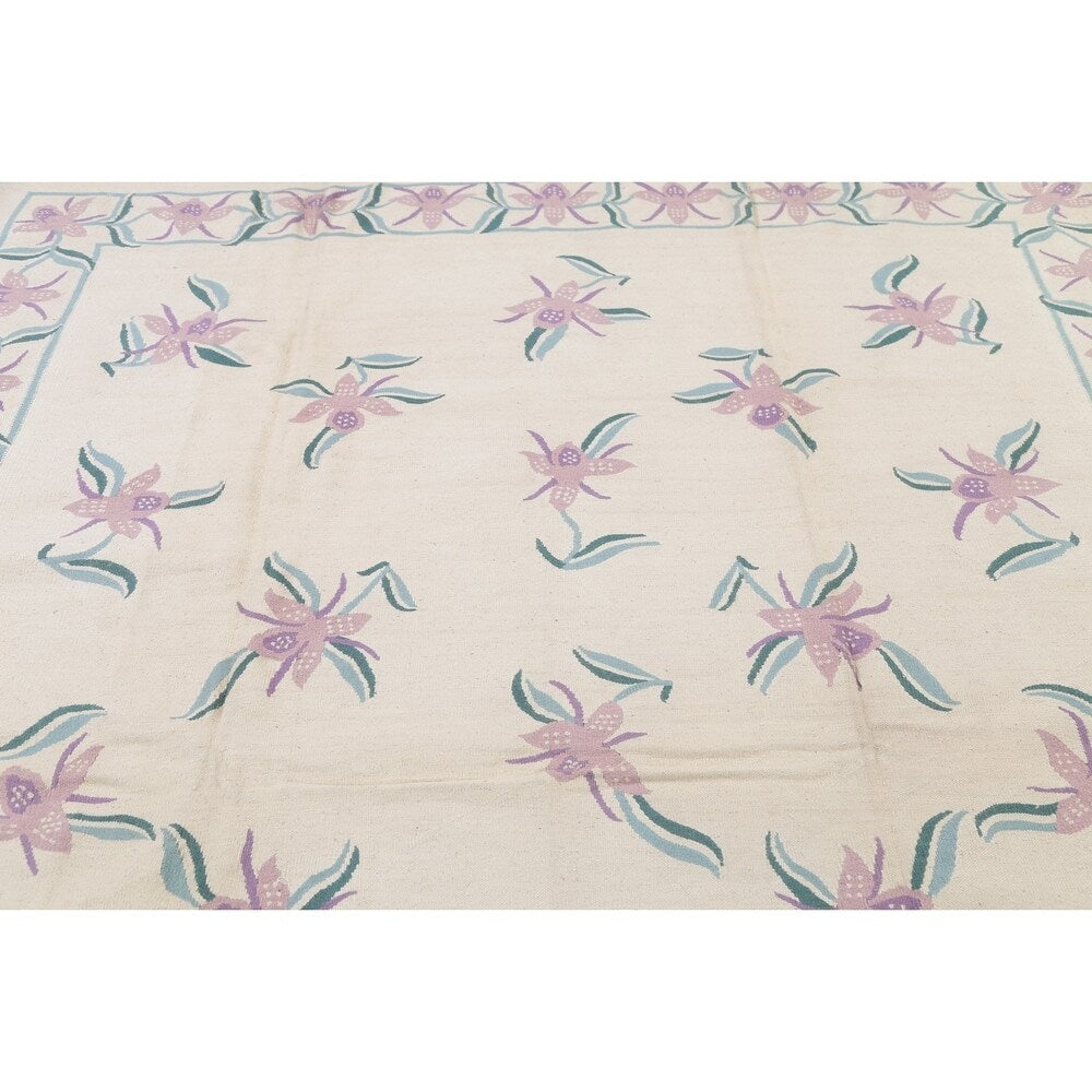 Kilim Indian Floral Hand Woven Wool Oriental Area Rug - 10'2" x 8'3"
