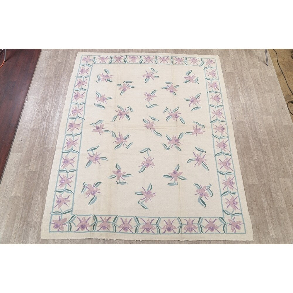 Kilim Indian Floral Hand Woven Wool Oriental Area Rug - 10'2" x 8'3"