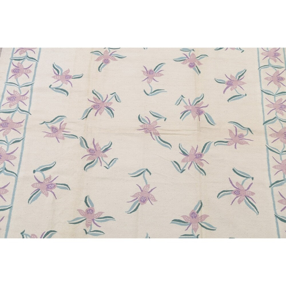 Kilim Indian Floral Hand Woven Wool Oriental Area Rug - 10'2" x 8'3"