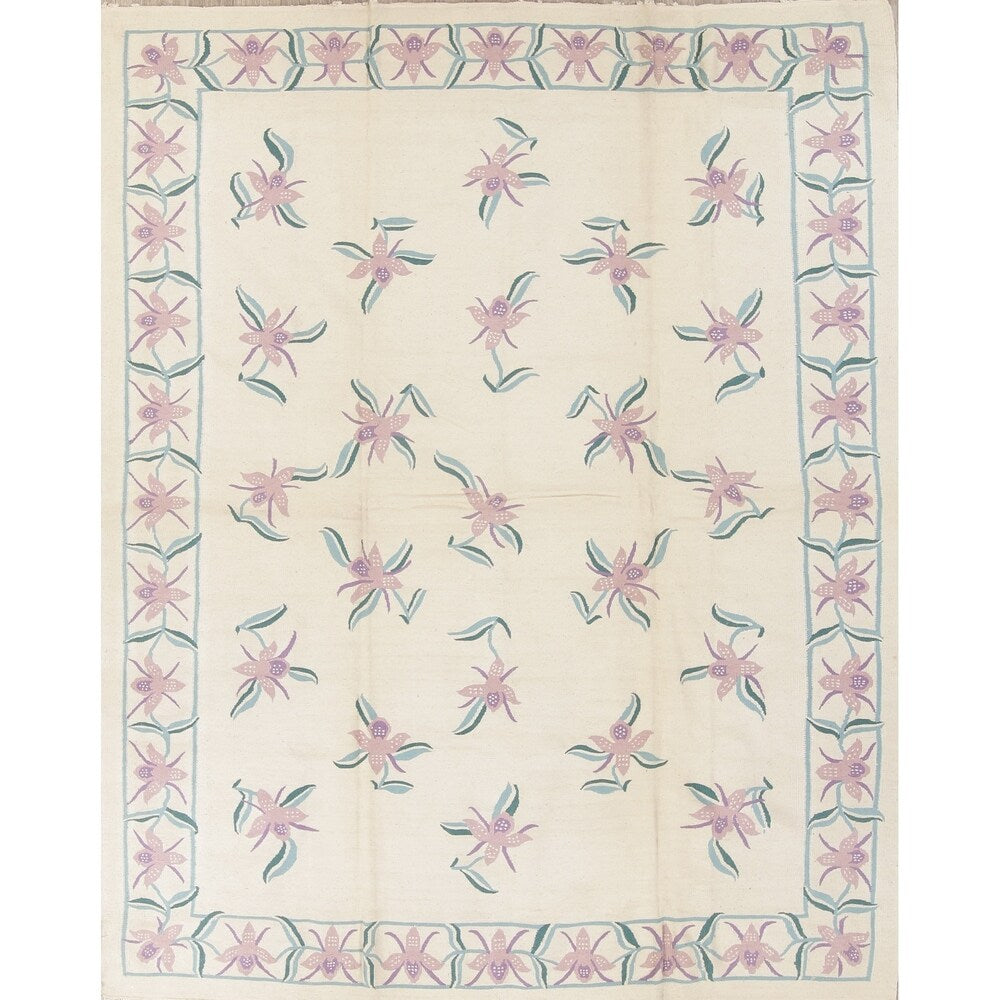 Kilim Indian Floral Hand Woven Wool Oriental Area Rug - 10'2" x 8'3"
