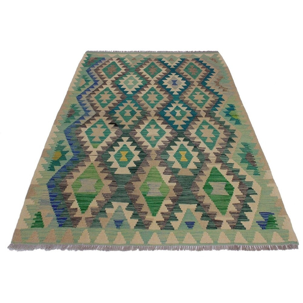 Kilim Lili Lt. Green/Ivory Hand-Woven Wool Rug -4'4 x 5'6 - 4 ft. 4 in. X 5 ft. 6 in.