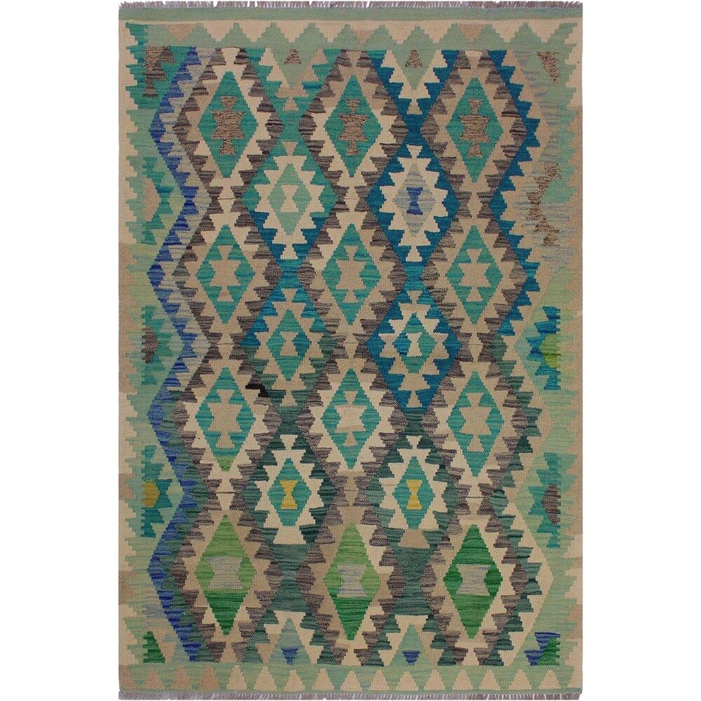 Kilim Lili Lt. Green/Ivory Hand-Woven Wool Rug -4'4 x 5'6 - 4 ft. 4 in. X 5 ft. 6 in.