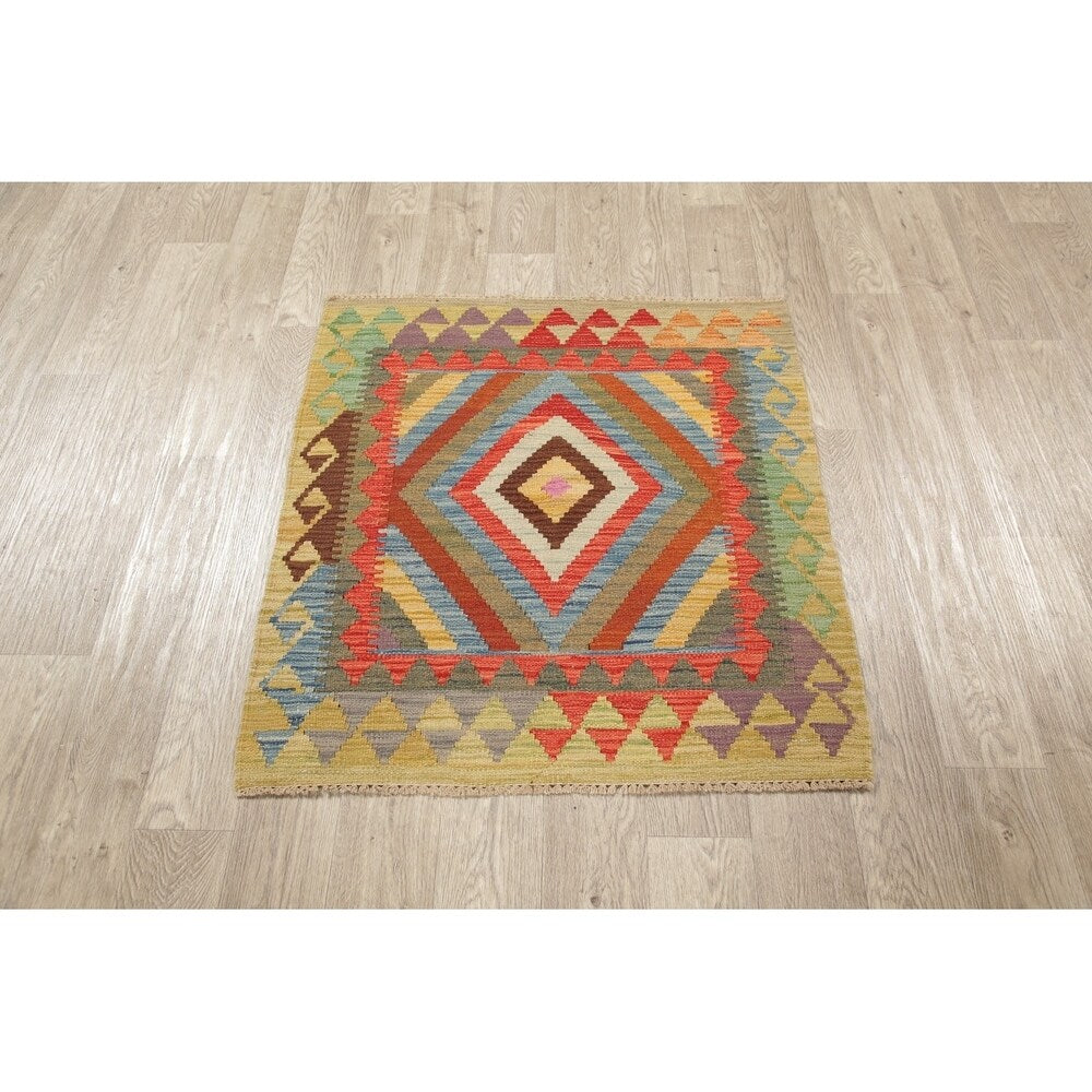 Kilim Oriental Diamond Turkish Southwestern Hand Woven Wool Rug - 3'4" X 3'1" Square