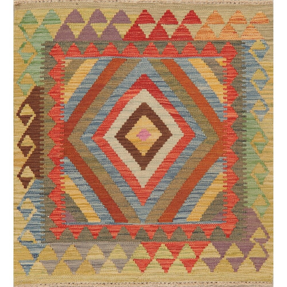 Kilim Oriental Diamond Turkish Southwestern Hand Woven Wool Rug - 3'4" X 3'1" Square