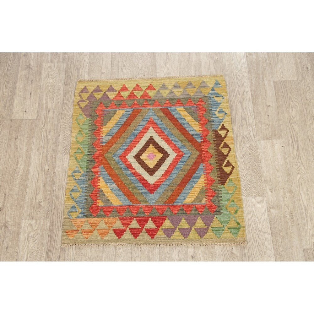 Kilim Oriental Diamond Turkish Southwestern Hand Woven Wool Rug - 3'4" X 3'1" Square