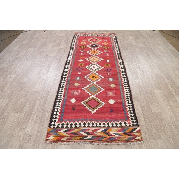 Kilim Qashqai Geometric Hand-Woven Wool Persian Oriental Rug - 9'10" x 3'8" Runner